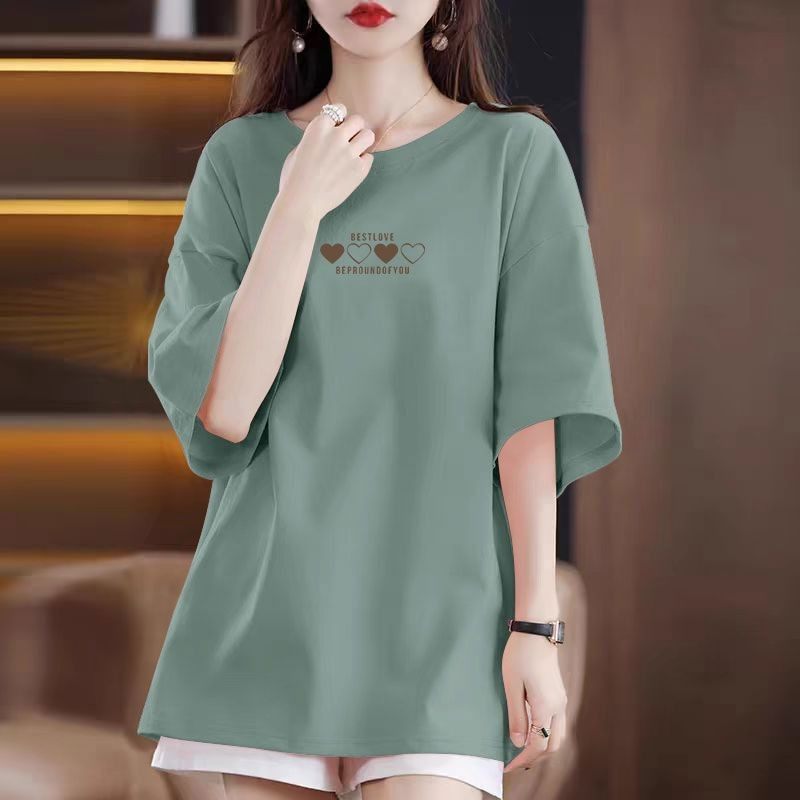 夏季100%纯棉女士短袖圆领T恤时尚潮流韩版百搭通勤中长款上衣服