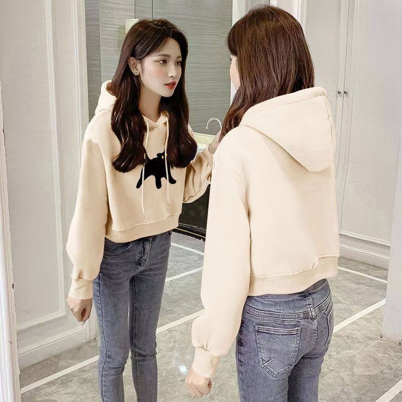 秋冬纯棉短款连帽卫衣女加绒加厚时尚洋气百搭设计感小个子上衣服