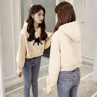 秋冬纯棉短款连帽卫衣女加绒加厚时尚洋气百搭设计感小个子上衣服