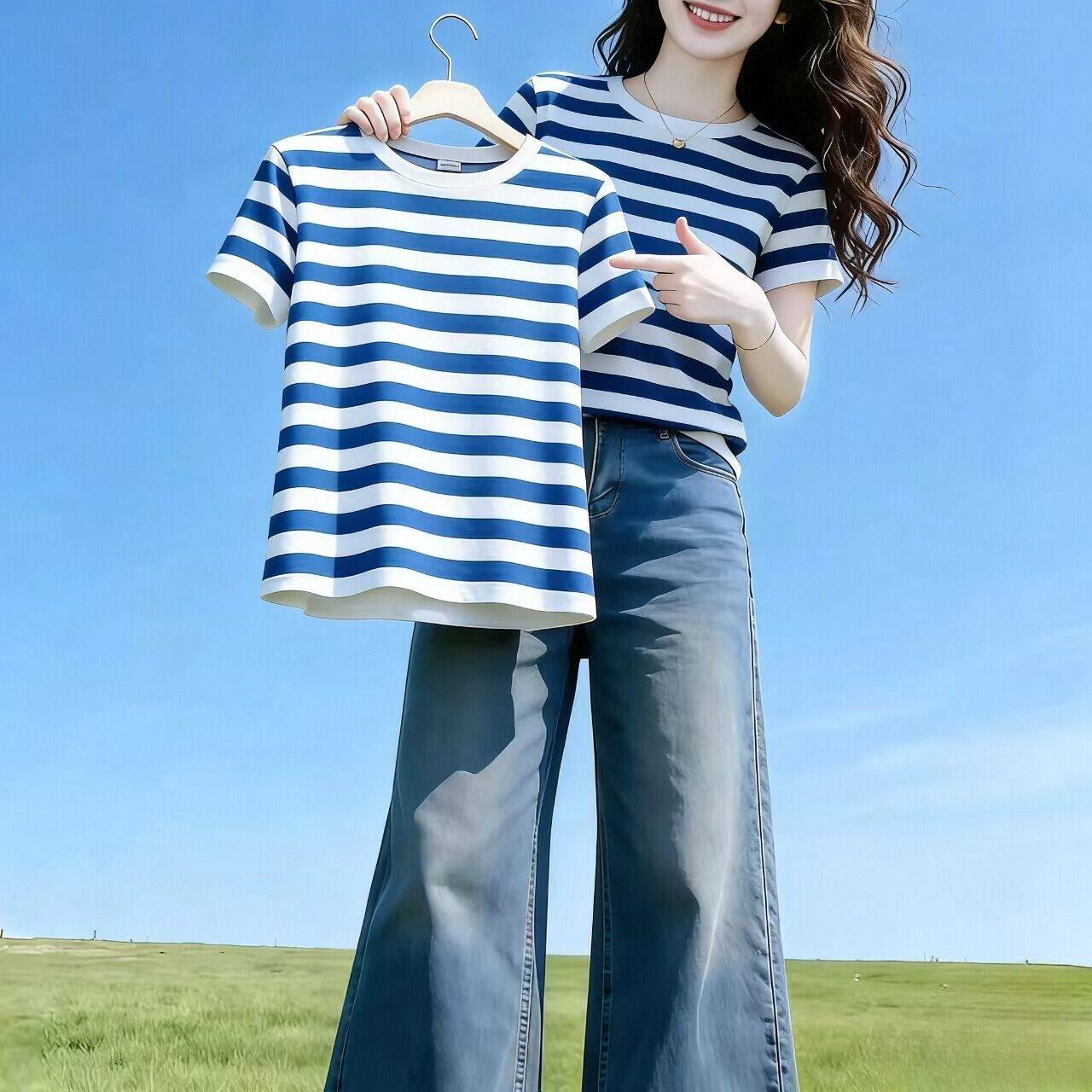 条纹海军蓝撞色短袖印花T恤女