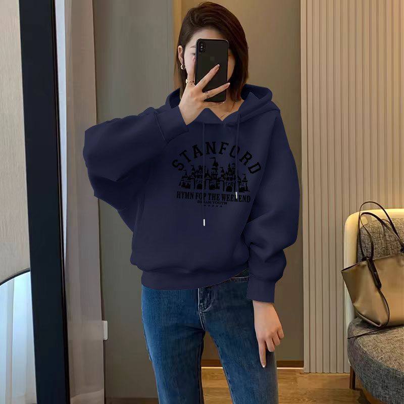 藏青色加绒加厚连帽短款纯棉卫衣女秋冬新款时尚潮流百搭休闲上衣