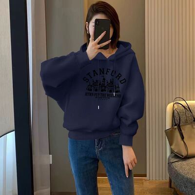 藏青色加绒加厚连帽纯棉卫衣