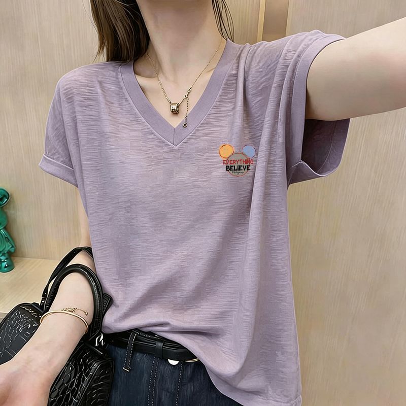 竹节棉芋紫色短袖V领T恤女