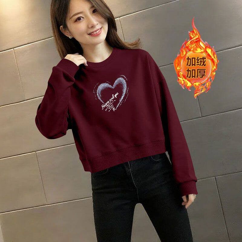 安可拉红酒红色加绒加厚短款纯棉卫衣女秋冬新款韩版洋气百搭上衣