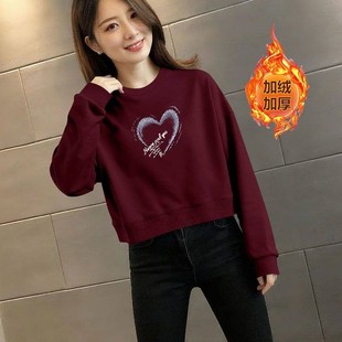 安可拉红酒红色加绒加厚短款纯棉卫衣女秋冬新款韩版洋气百搭上衣