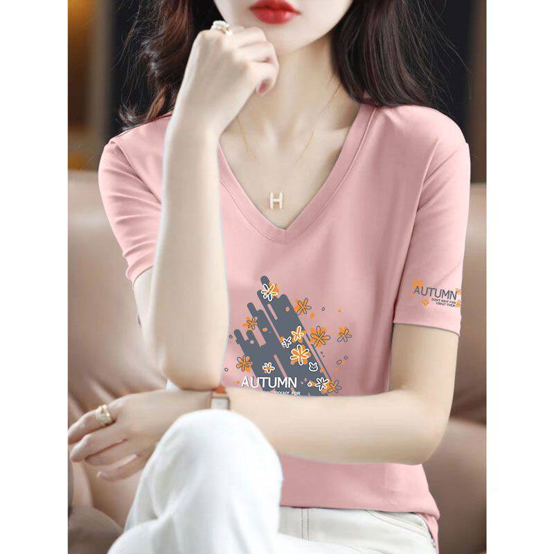 纯棉女士短袖T恤女新款夏季宽松大码V领遮肉遮肚子潮流上衣女汗衫