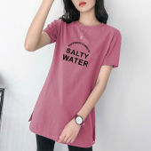 大码 纯棉短袖 t恤女中长款 夏季 韩版 简约宽松显瘦圆领印花百搭上衣