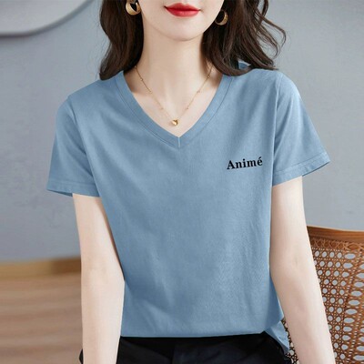 v领百搭新款纯棉短袖t恤女夏季