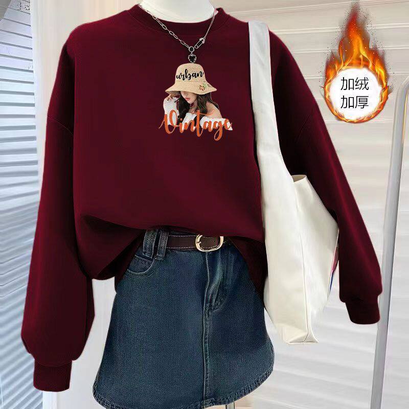 加绒加厚长袖短款卫衣女秋冬款时尚宽松慵懒风圆领保暖印花上衣女