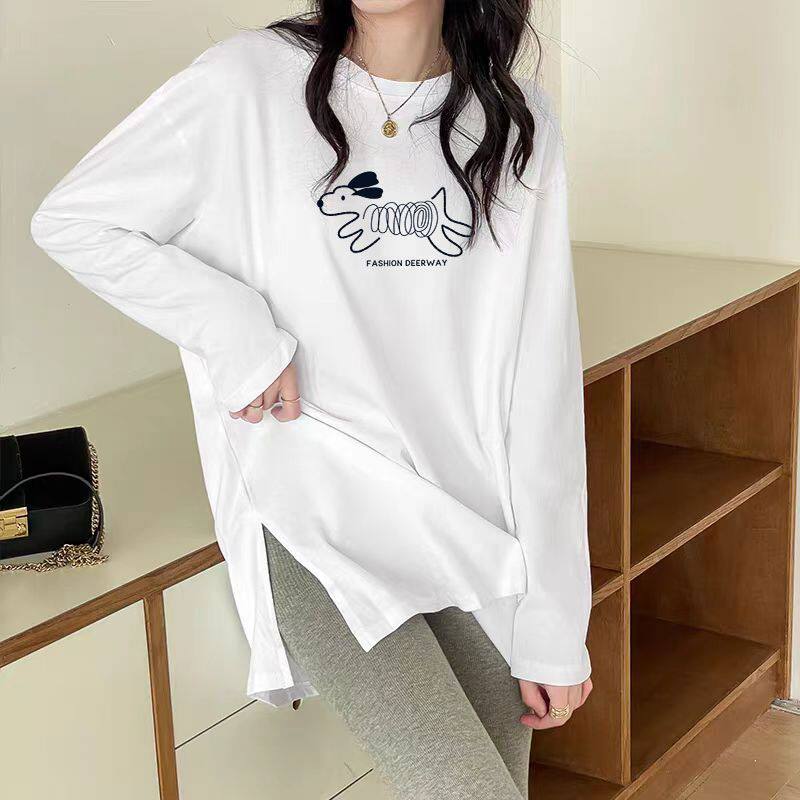 秋冬纯棉加绒中长款开叉打底衫T恤女时尚洋气新款百搭宽松ins上衣