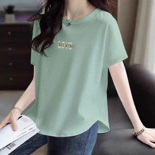 100%纯棉女士短袖 设计感显瘦遮肚子宽松体恤上衣ins T恤女夏装 新款