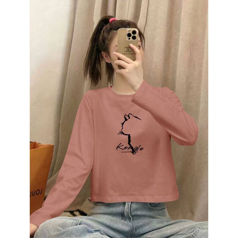 春秋100%纯棉长袖短款印花T恤女时尚潮流百搭宽松显瘦小个子上衣