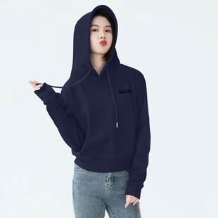 加绒加厚藏青色纯棉连帽短款卫衣女秋冬新款时尚韩版百搭保暖上衣