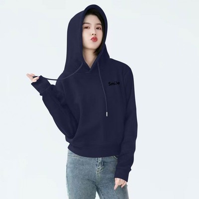 加绒加厚藏青色纯棉连帽短款卫衣