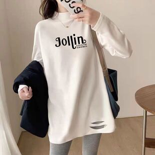 秋冬半高领纯棉加绒破洞打底衫女时尚潮流洋气百搭显瘦中长款上衣