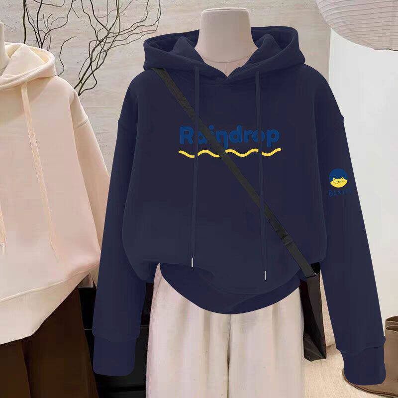 秋冬女士纯棉加绒加连帽短款卫衣时尚新款洋气百搭宽松显瘦上衣服