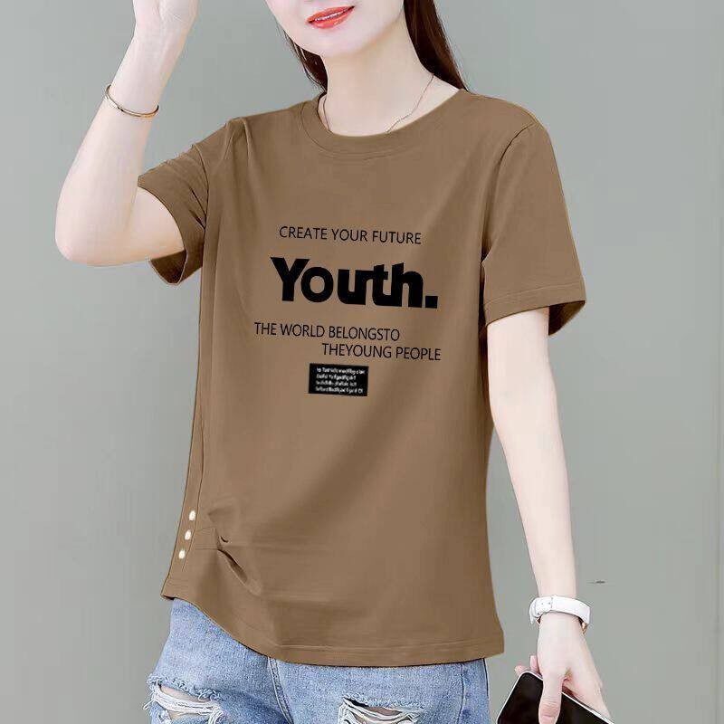 夏季精梳纯棉短袖印花T恤女时尚潮流韩版百搭显瘦设计感纽扣上衣