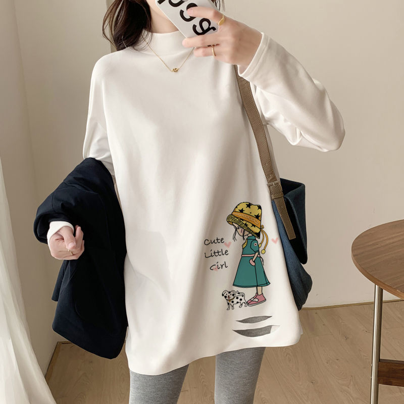 纯棉加绒破洞白色打底衫女简约休闲宽松显瘦潮流百搭中长款半高领