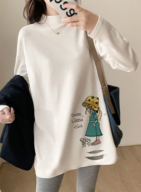 纯棉加绒破洞白色打底衫女简约休闲宽松显瘦潮流百搭中长款半高领