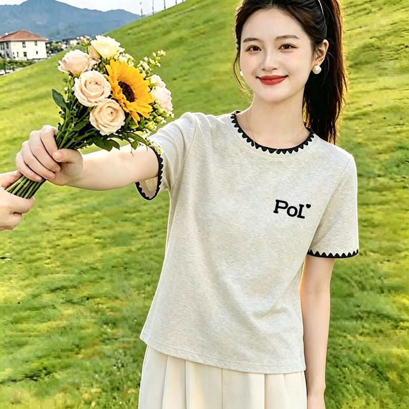 纯棉撞色花边印花短袖T恤女