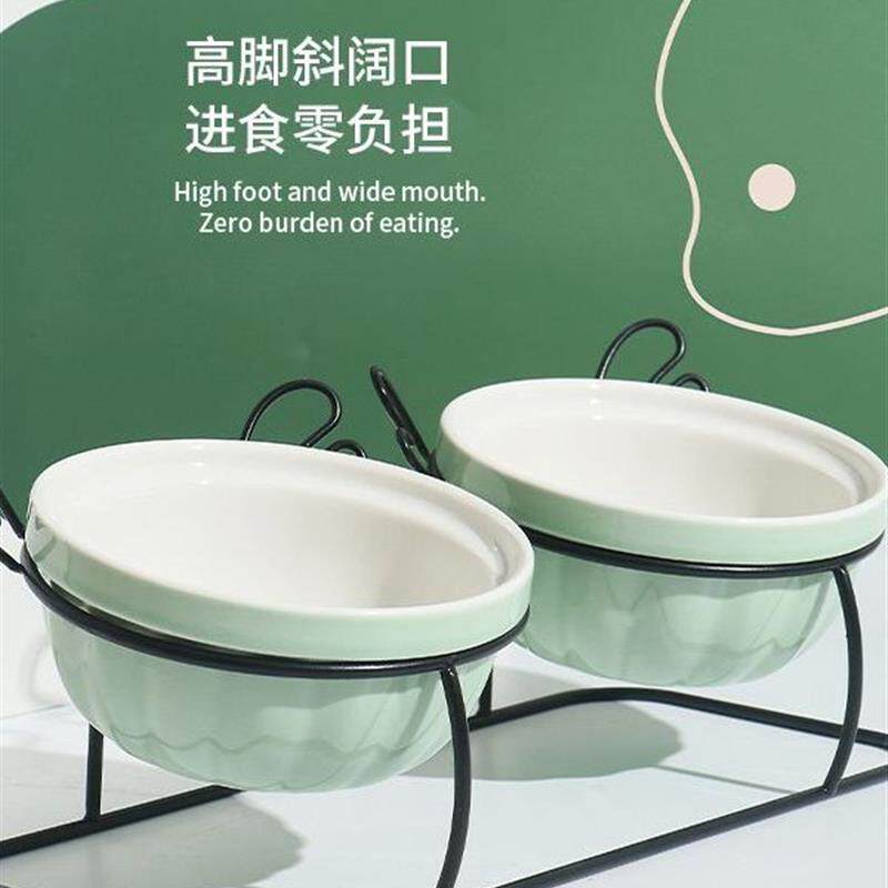 猫碗陶瓷高脚斜口高颜值宠物碗猫咪喝水吃饭猫食盆护颈铁架猫厂家