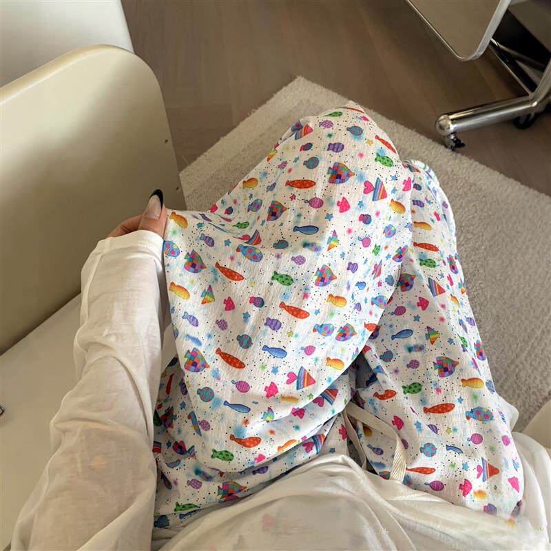 彩色小鱼慵懒风轻薄遛弯裤夏女睡裤休闲长裤高腰直筒宽松家厂家