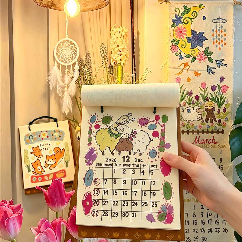尼泊尔日历2027新款小猫涂鸦插画台历家用创意桌面装饰摆件送厂家