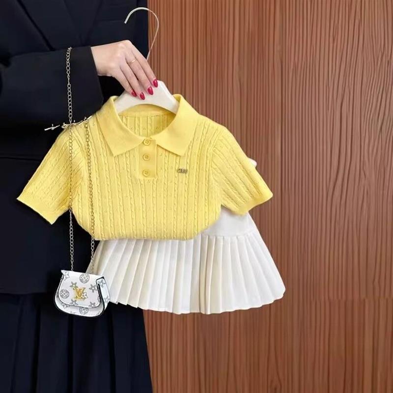 女宝宝夏款针织短袖套装女童学院风半袖上衣儿童百褶裙两件套厂家