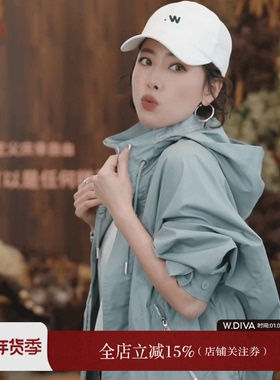 魏老板【山月】春季蓝色宽松经典短款连帽风衣夹克外套1CDMH7300