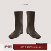 W.Diva 现货 秋冬牛皮方头内增高短靴复古直筒女骑士靴