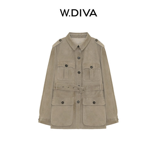 W.Diva【罗塞】米灰进口混种羊反绒翻领短外套肩扣猎装皮衣外套