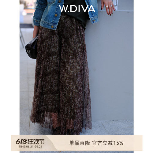 W.Diva复古佩斯利百褶半裙松紧腰