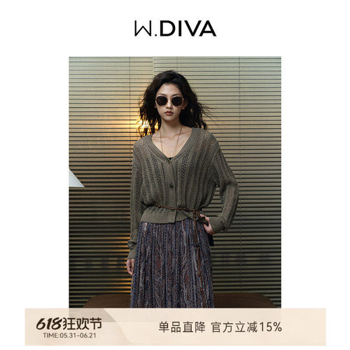 W.Diva夏季镂空V领透气针织衫