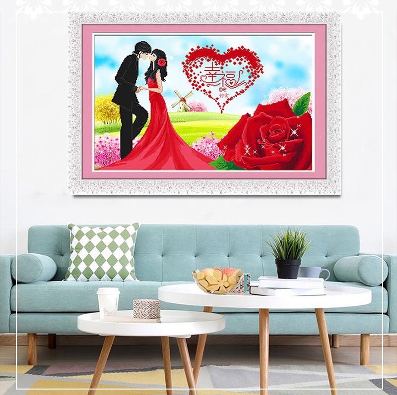 5d婚礼钻石画部分贴钻婚房结婚送人简单半粘点钻十字绣卧室不满钻