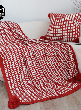 MUYI HOME苏格兰红色吊球毛毯客厅沙发毯盖毯办公室毯子