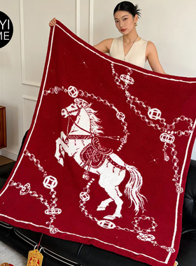 MUYI HOME新年招财马毛毯半边绒红色毯子客厅沙发毯盖毯马年毯子