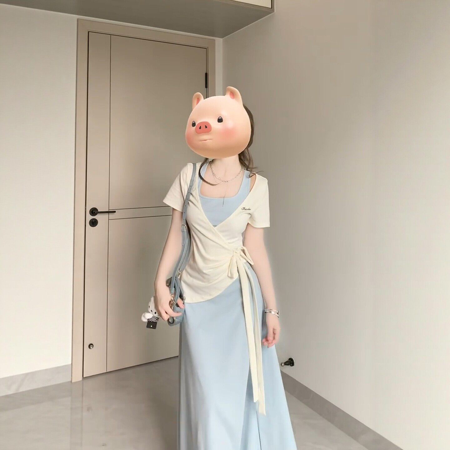 纯欲风性感绑带上衣蓝色背心吊带裙子两件套女夏日绝美收腰洋装