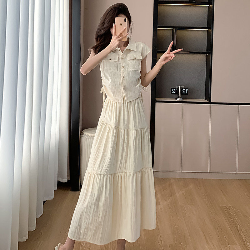 夏季新款休闲时尚套装女工装风抽绳短款无袖衬衫大摆半身裙两件套