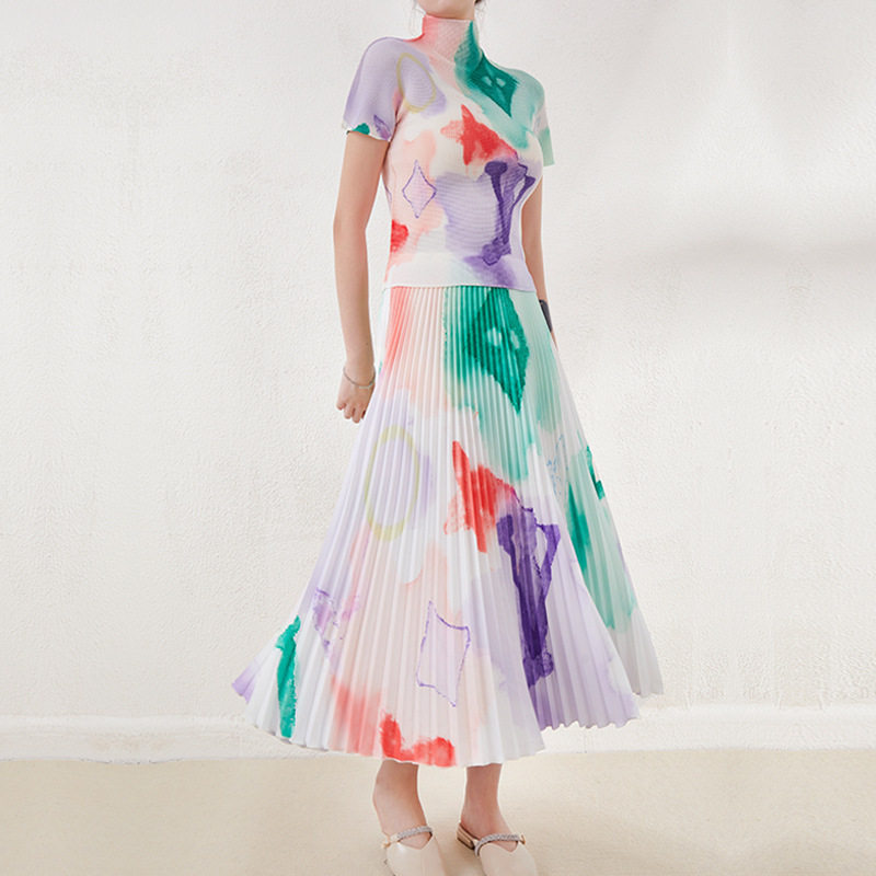 设计师春夏新款褶皱套装气质修身高领印花长袖T恤a字半身裙两件套,女装/女士精品,时尚套装,淘宝优惠券,粉丝福利购,淘宝优惠卷