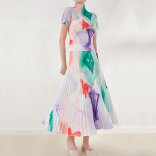 设计师春夏新款褶皱套装气质修身高领印花长袖T恤a字半身裙两件套