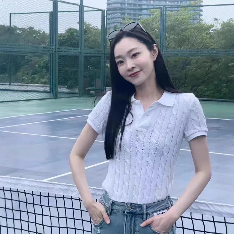 RL拉夫刺绣小马标麻花针织短袖POLO领短款t恤修身夏季女显瘦上衣