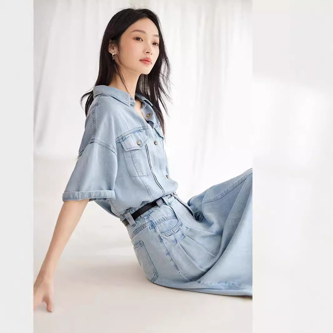【杜鹃同款】对白轻盈莱赛尔牛仔套装女2024秋季新款衬衫A字半裙