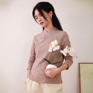 原创中国风民国风文艺复古中式 t恤旗袍盘扣上衣春 纯棉小立领长袖