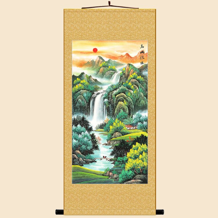 流水生财高山流水图福地安居图卷轴挂画风a水画山水画绢布装饰.