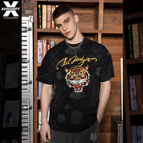 EDHARDY X烫钻虎头满印暗纹圆领T恤X1B2TA122203