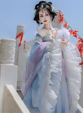 青羽仙子唐制春秋款齐胸汉服女款大袖衫绝美仙气飘逸披风斗篷套装