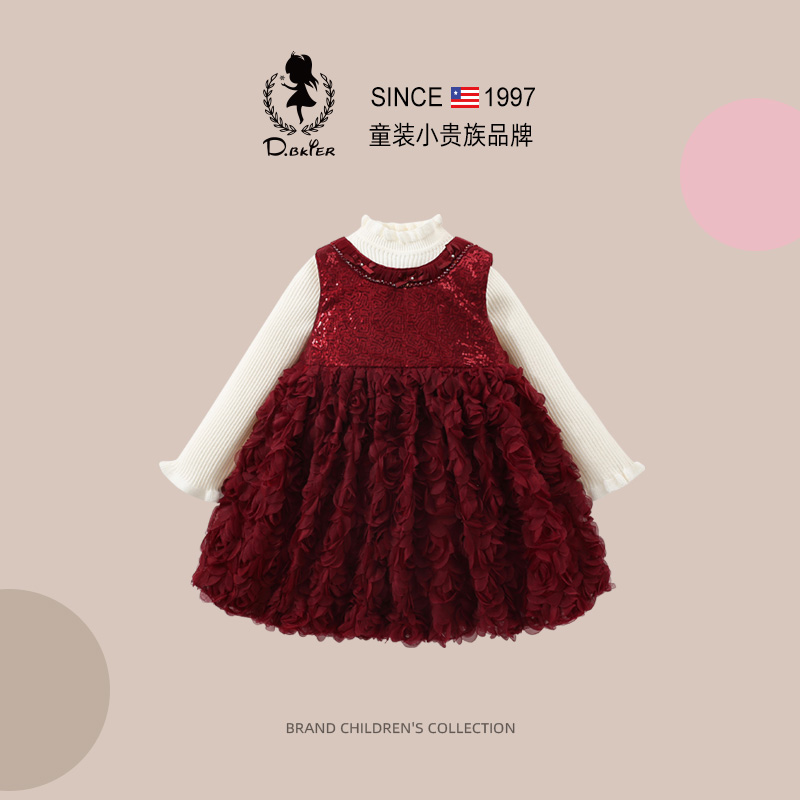 DeerBell女童红色新年衣服套装裙