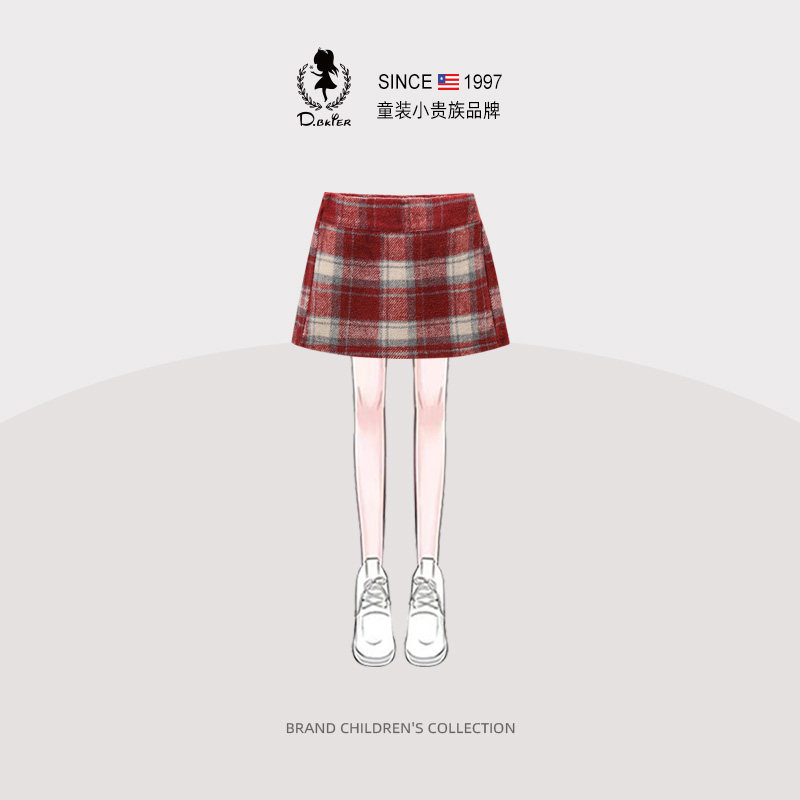 DeerBell女童红色格子包臀裙儿童黑白灰学院风中大童韩系A字短裙