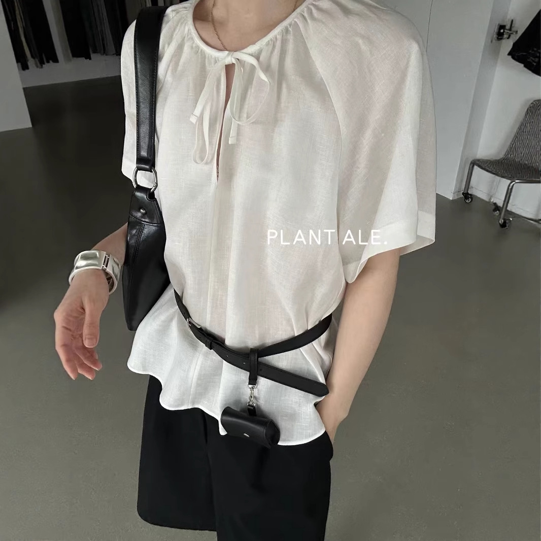韩系天丝亚麻系带上衣一夏季新款甜美泡泡袖压褶衬衣女W5331