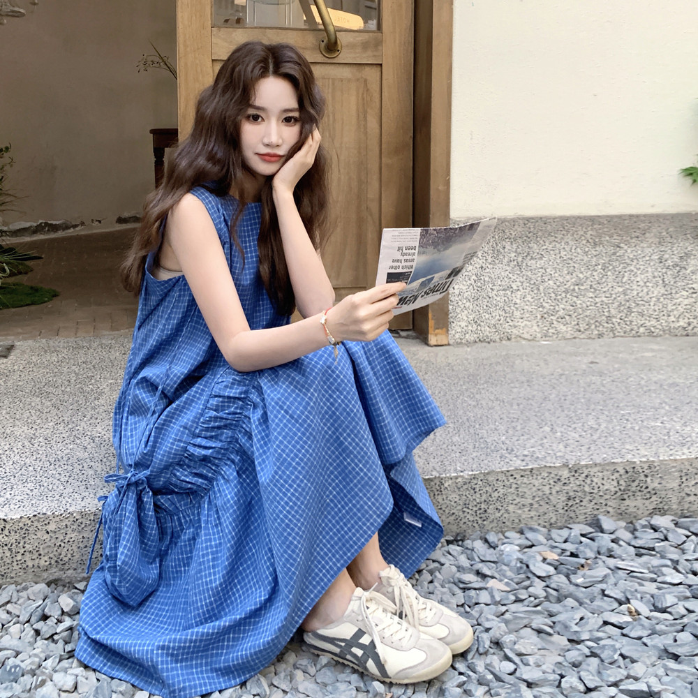 【送包包】【有现货】韩系宽松无袖格子连衣裙夏季8848-P130-K195,女装连衣裙,浙宝176（原073）